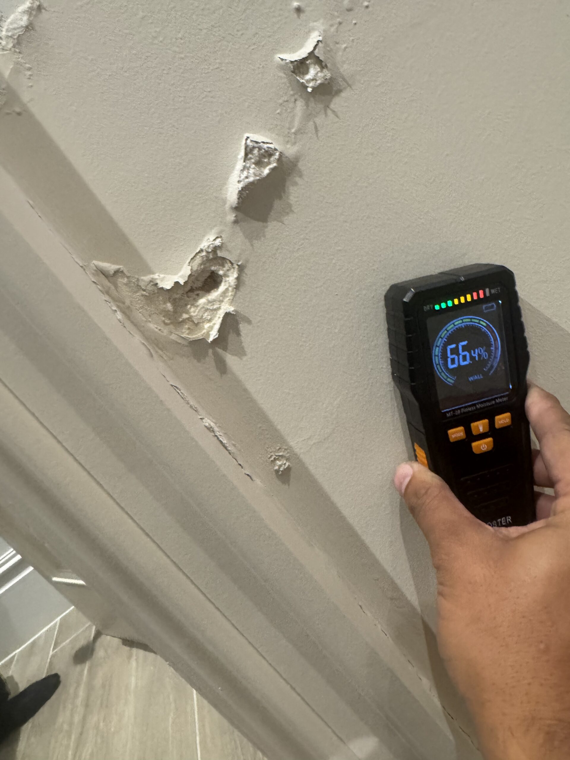 Moisture meter reading 66.4% on a water-damaged wall — insurance-ready survey evidence