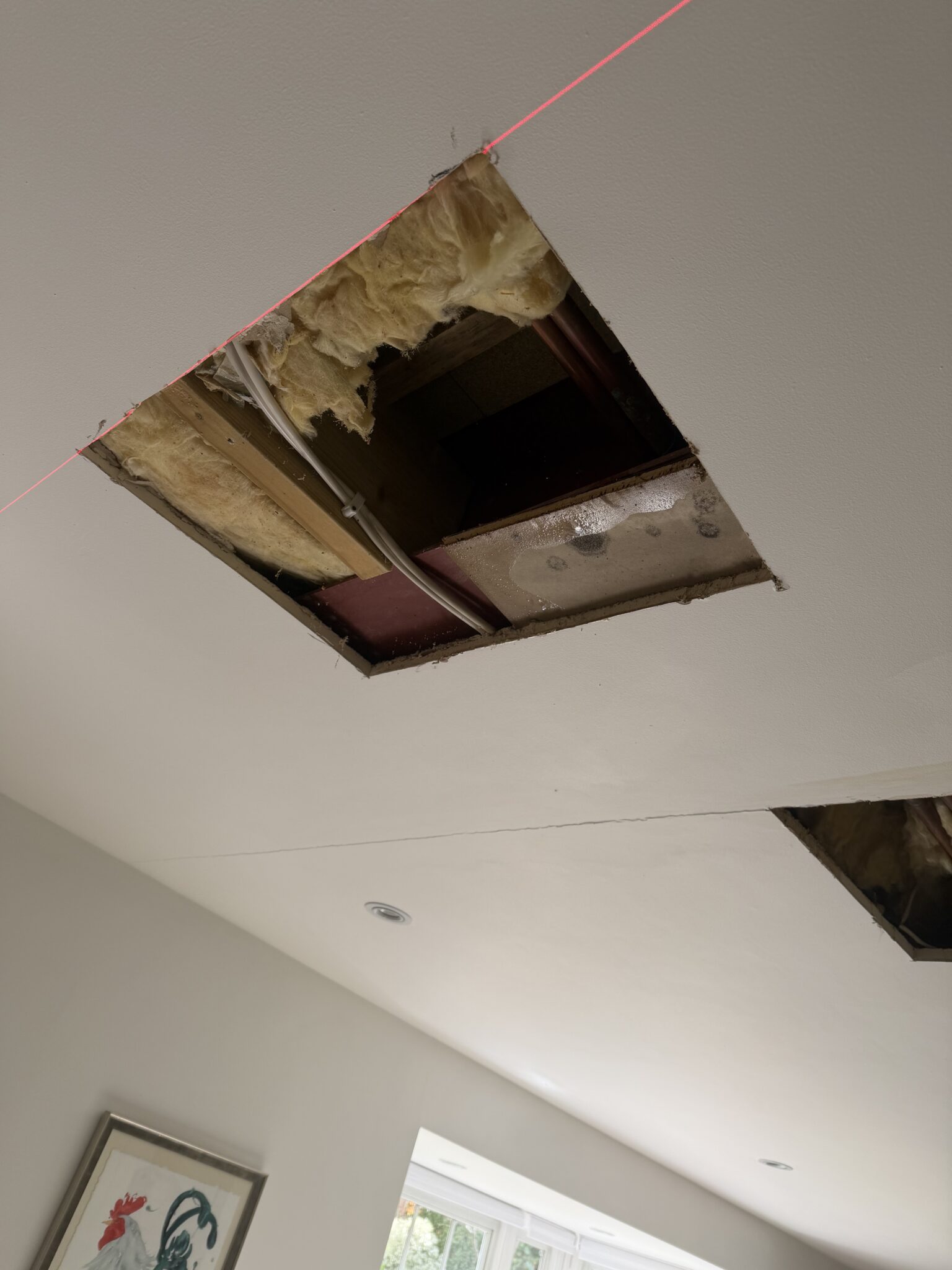 Multiple ceiling panels removed revealing water damage