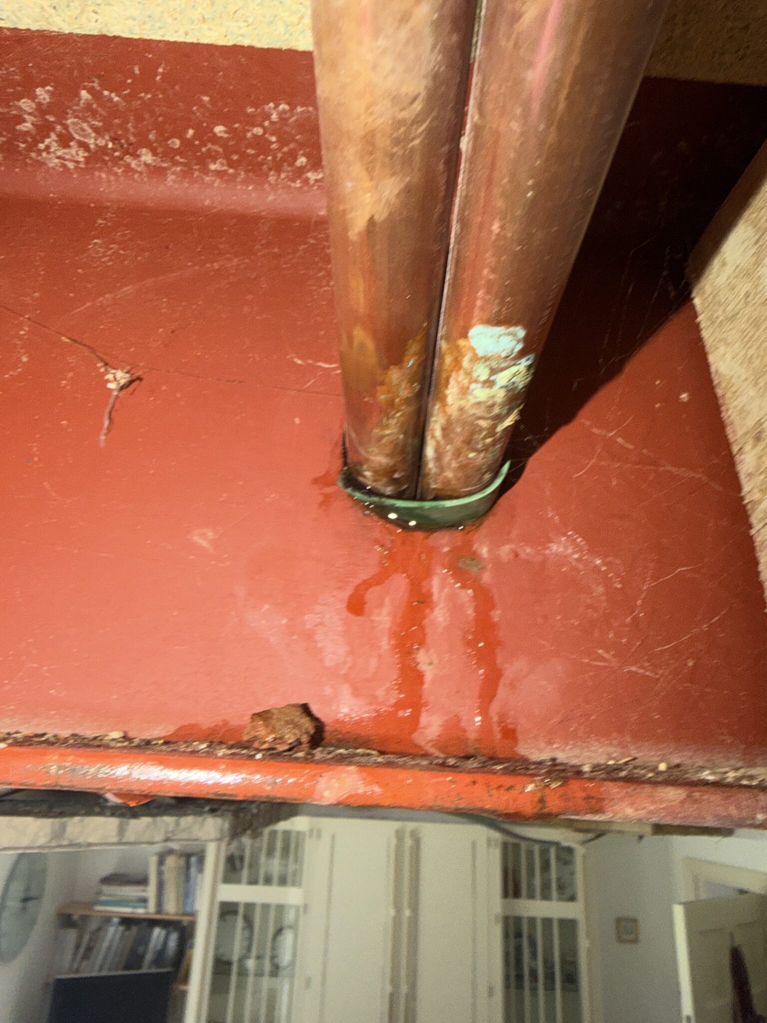 Corroded copper pipe joint exposed above a ceiling