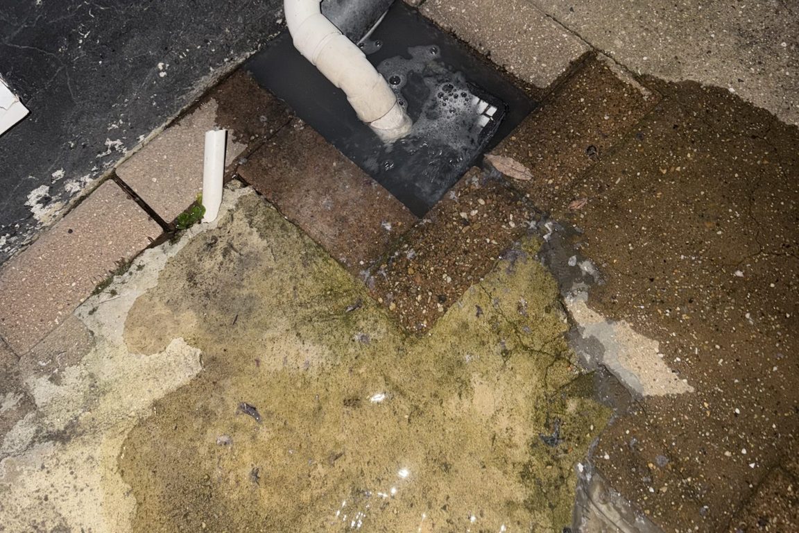 Downpipe discharging into a blocked gully with standing water and green algae on the paving