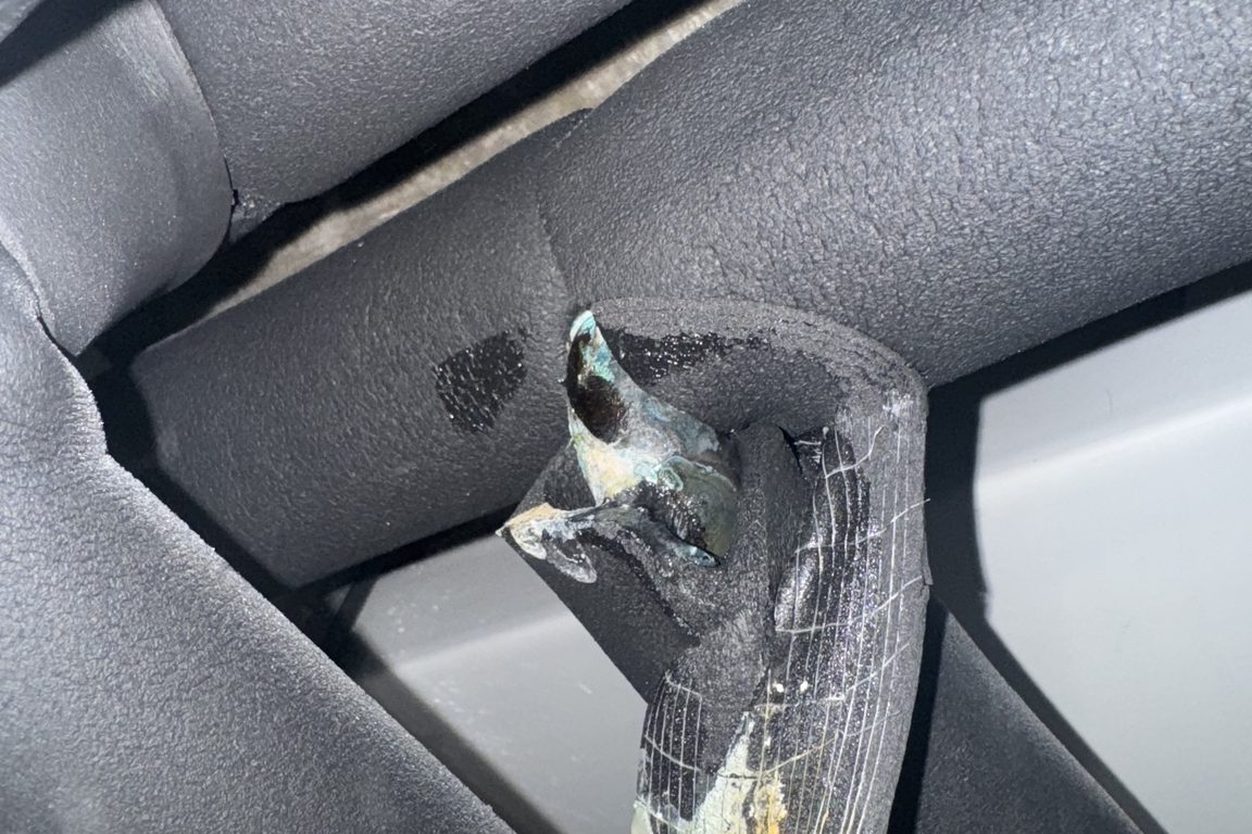 Corroded brass pipe fitting covered in green verdigris, exposed inside foam pipe lagging