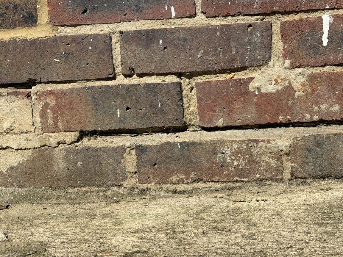 White salt efflorescence and damaged mortar on external brickwork at ground level