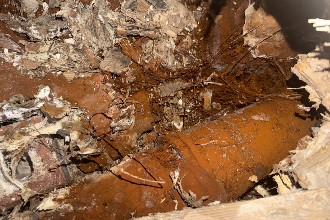 Heavily rusted pipe buried in a rotten floor cavity under a bathroom